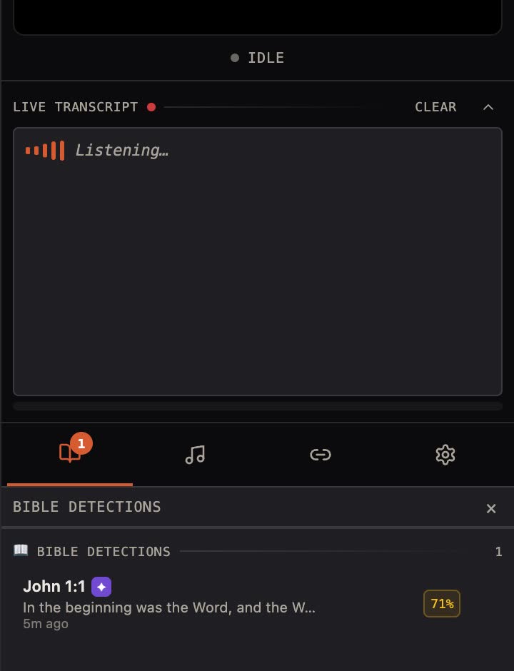 PresentFlow operator console listening live, transcribing the service and detecting John 1:1