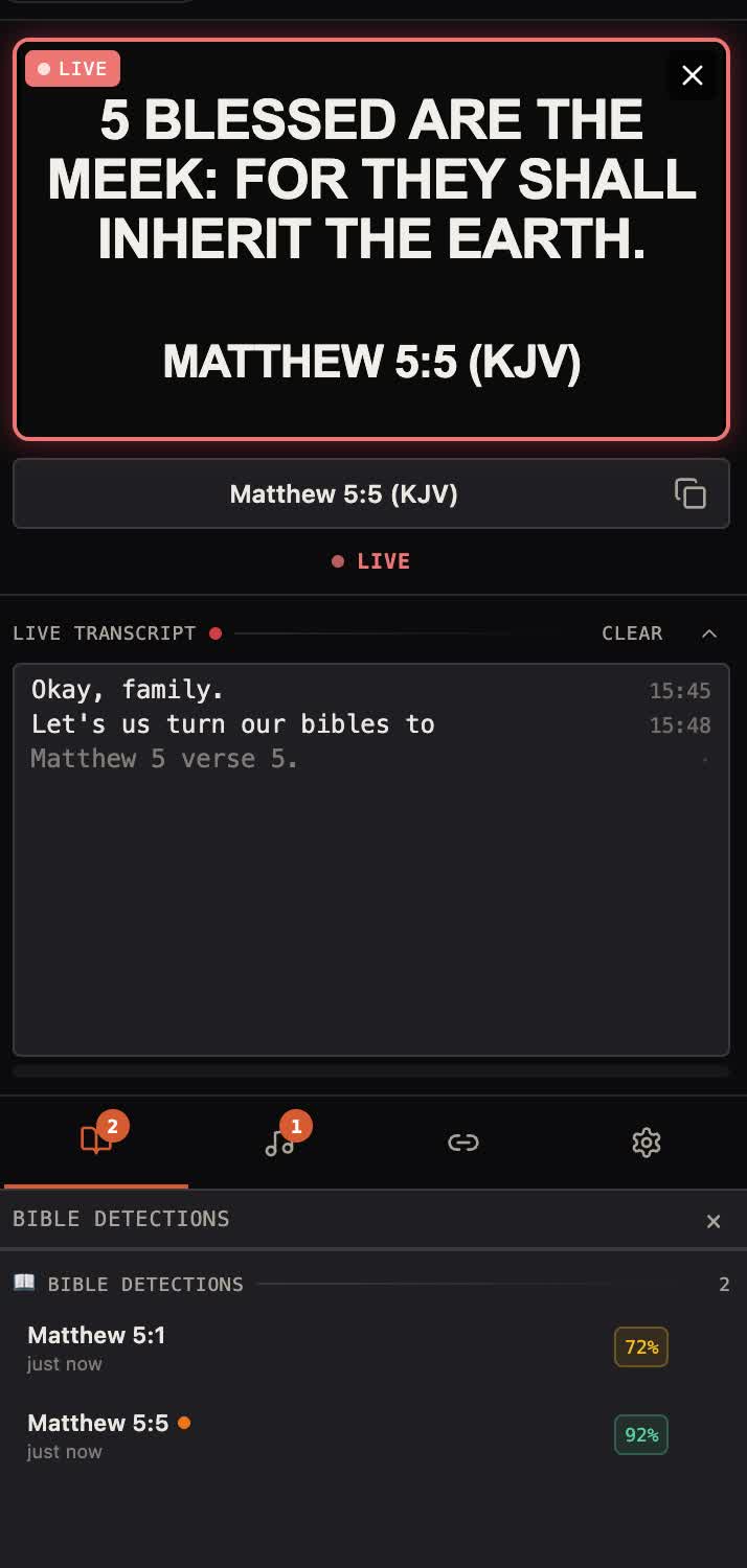 PresentFlow detecting Matthew 5:5 at 92% confidence and pushing it live